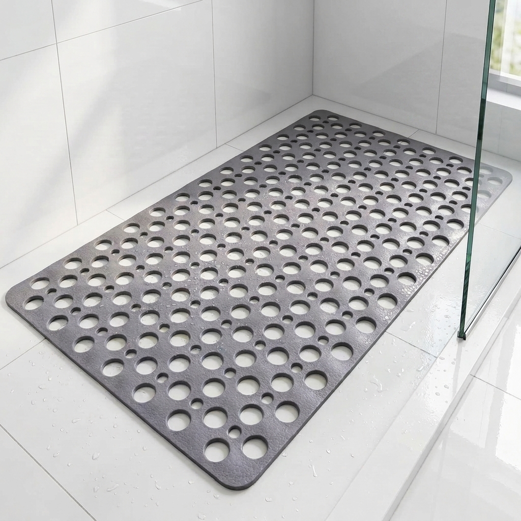 Die REIN Duschmatte in Grau mit großzügigen Drainage-Löchern in der Dusche