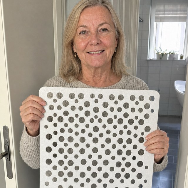 Gisela P. hält ihre weiße REIN Duschmatte im Badezimmer