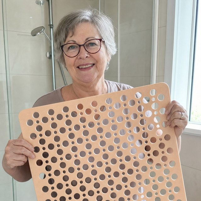 Renate H. hält ihre beige REIN Duschmatte vor ihrer Dusche